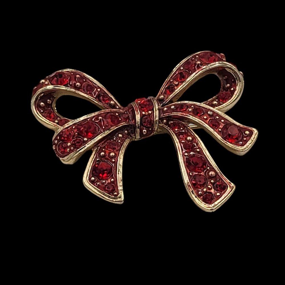 Vintage Christmas Gold Tone Bow Brooch With Red Rhinestones